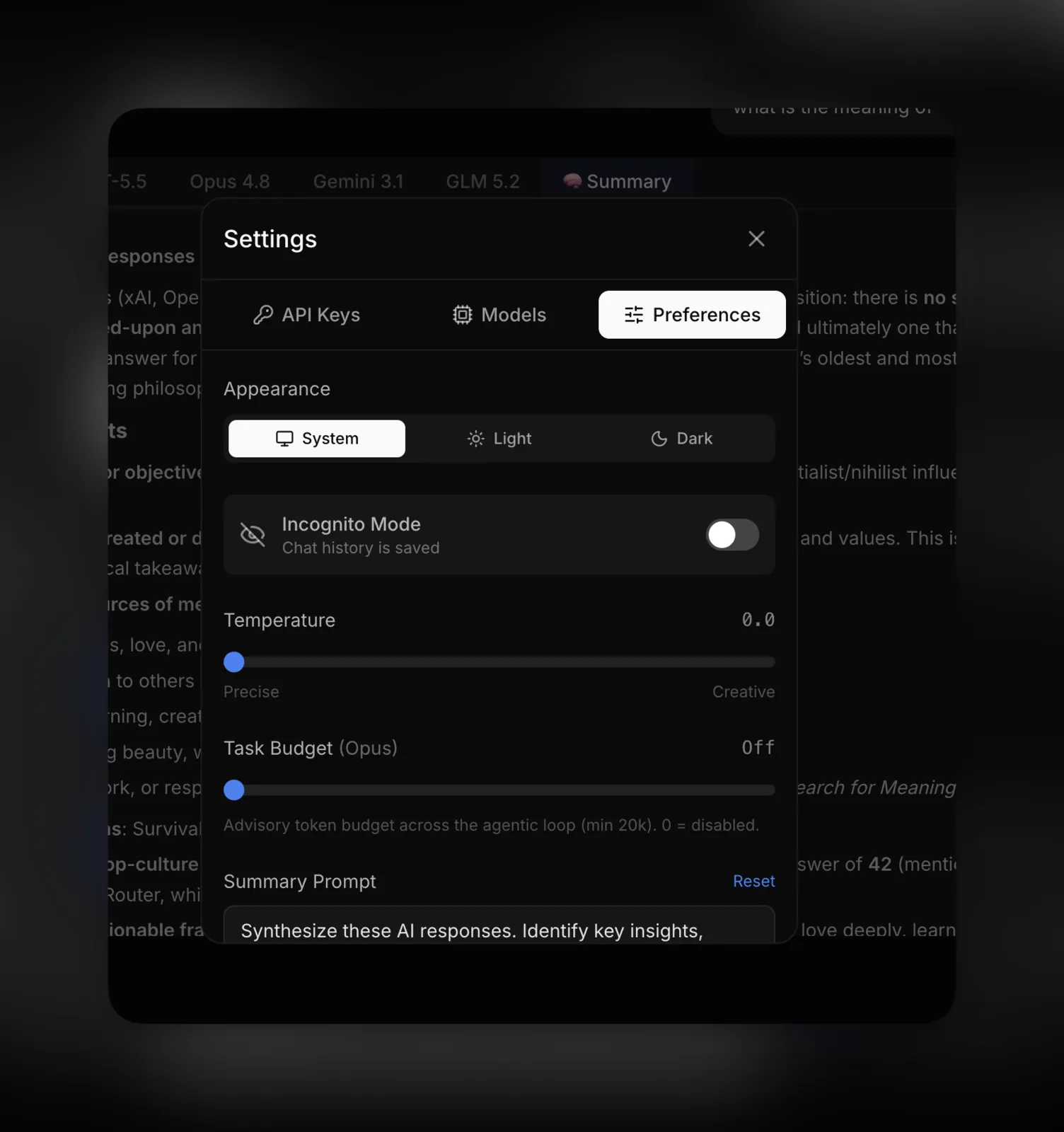 Preferences: theme, incognito mode, temperature, and a customizable synthesis prompt
