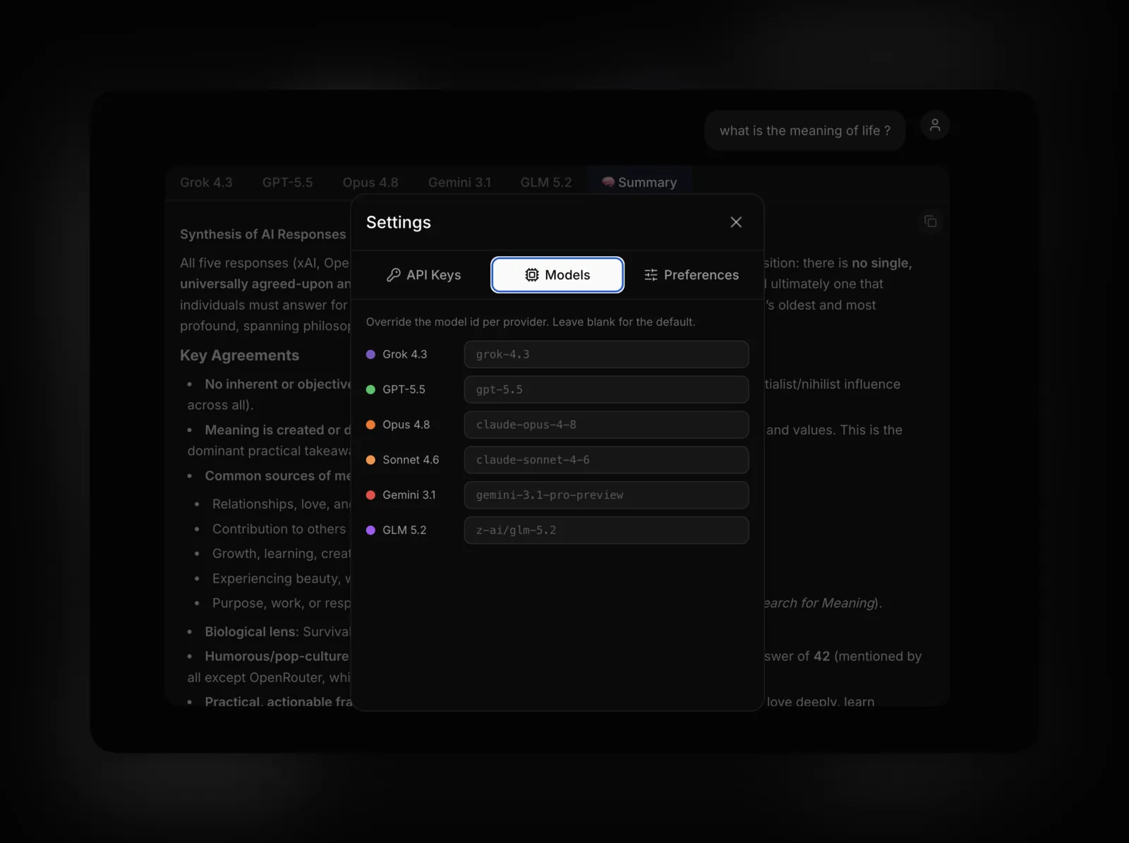 Override the model id per provider from Settings