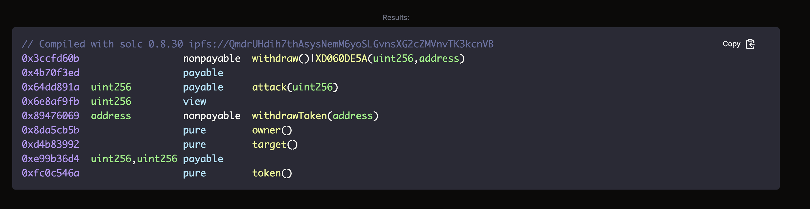 Function signatures table